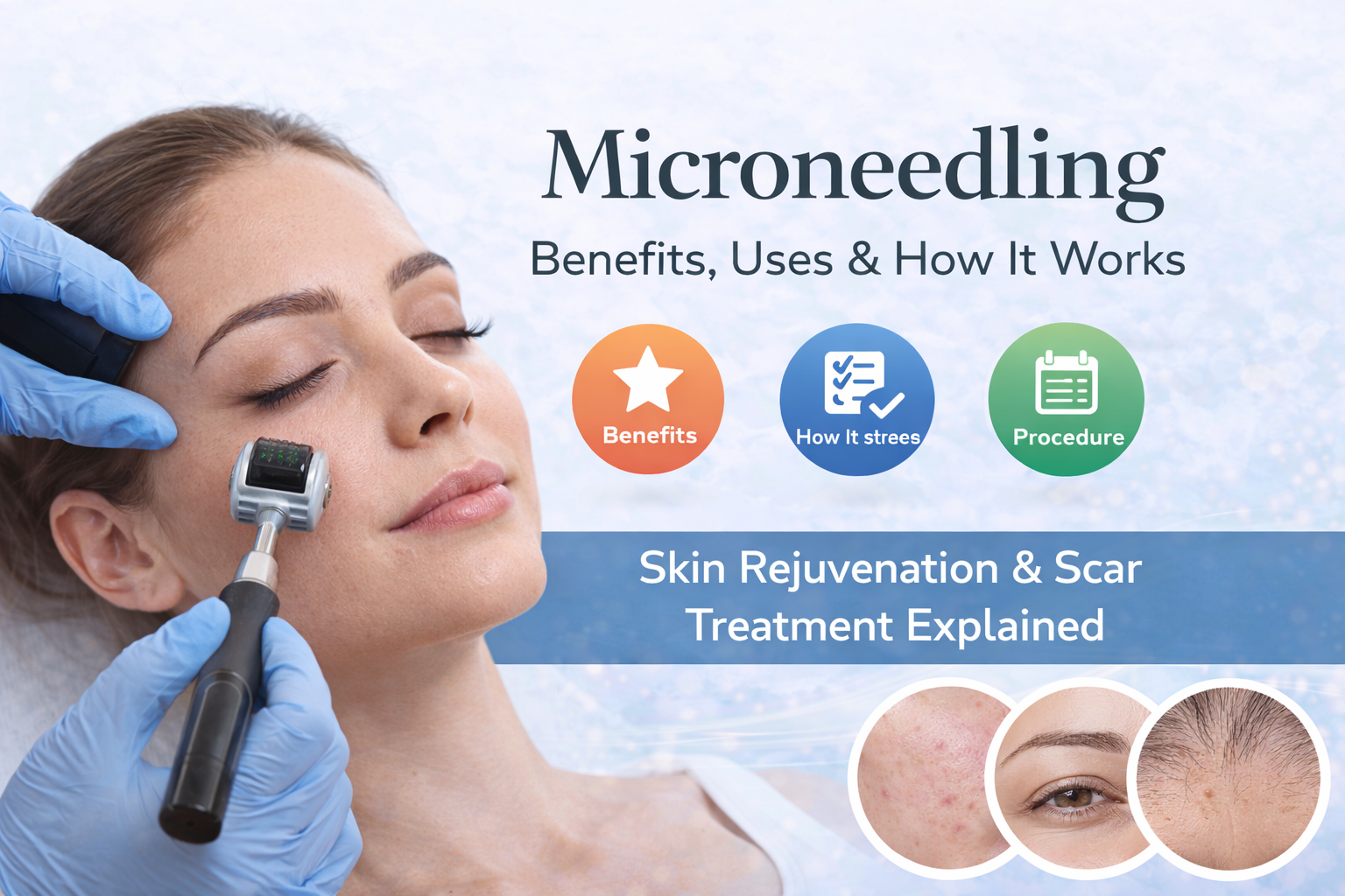 Banner for Microneedling blog showing a close-up of a woman receiving a microneedling facial treatment with a professional device, highlighting collagen stimulation, skin rejuvenation, and smoother texture on a clean clinical background.