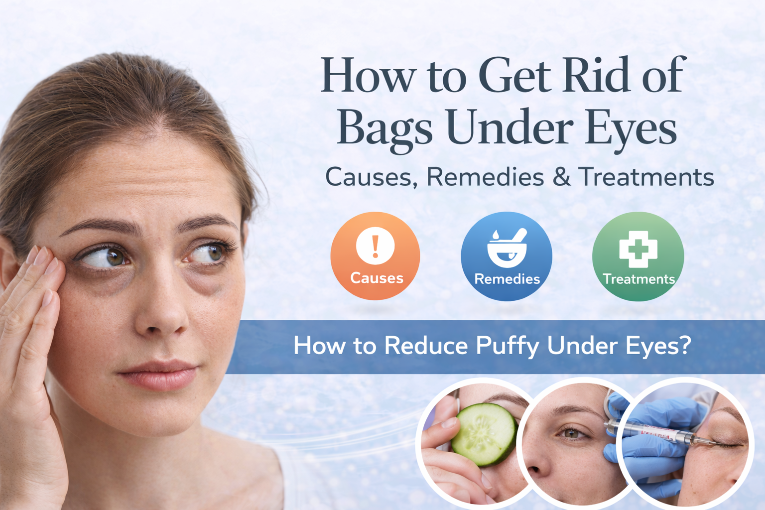 Blog banner showing a woman examining puffy bags under her eyes alongside the headline “How to Get Rid of Bags Under Eyes: Causes, Remedies & Treatments,” with visual icons representing causes, home remedies like cucumber slices, and professional under-eye treatments.