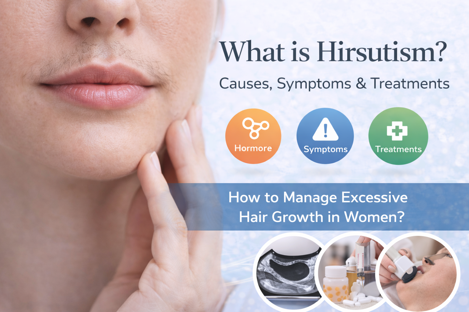 Educational blog banner on hirsutism showing a close-up of a woman’s lower face with visible coarse facial hair on the upper lip and chin, alongside the headline “What Is Hirsutism? Causes, Symptoms & Treatments” with icons representing hormones, symptoms, and treatment options like ultrasound, medication, and laser therapy.