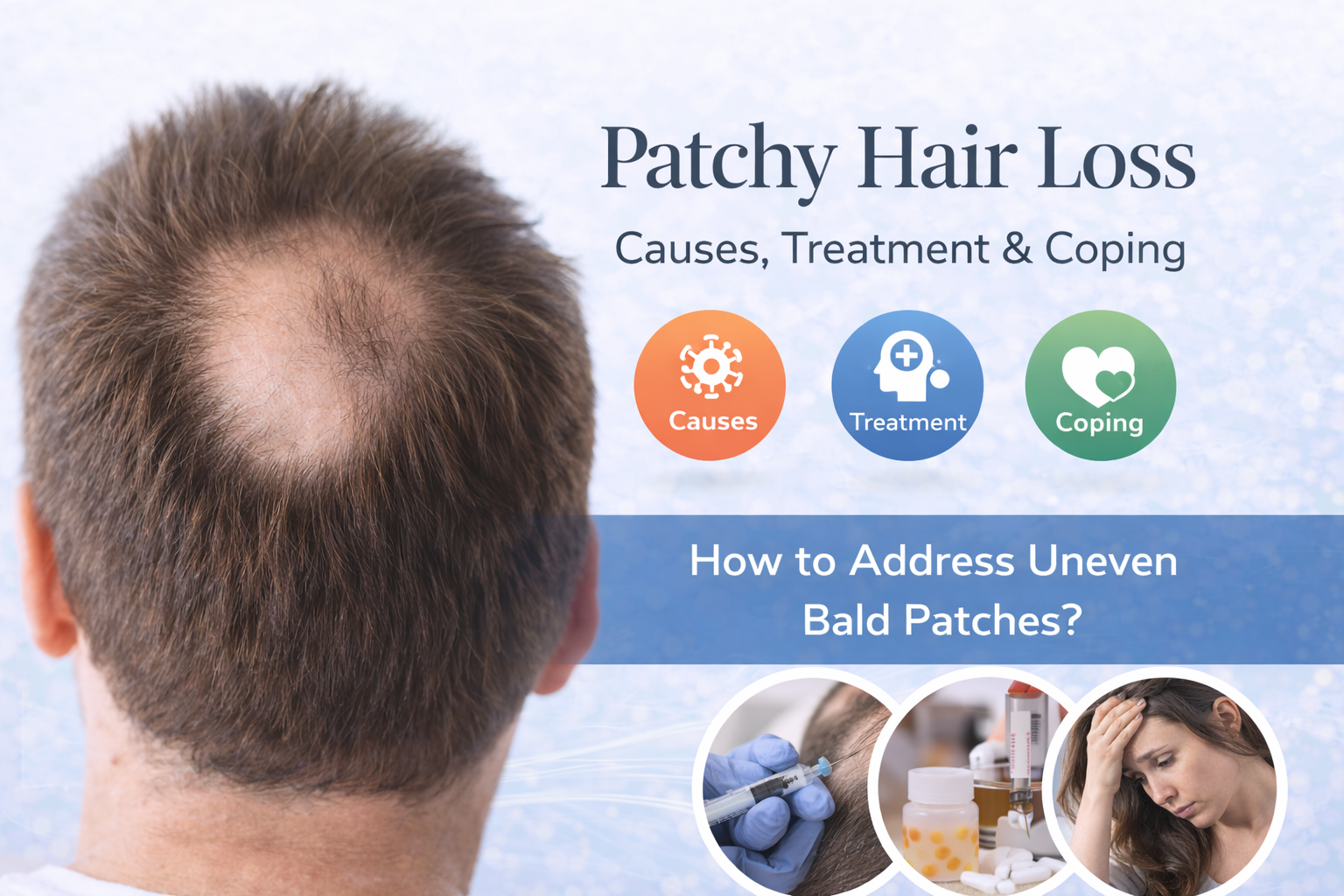 Educational blog banner on patchy hair loss showing the back of a man’s head with a visible round bald patch on the scalp, alongside the headline “Patchy Hair Loss: Causes, Treatment & Coping,” with icons representing causes, medical treatments like scalp injections and PRP therapy, and emotional coping support.