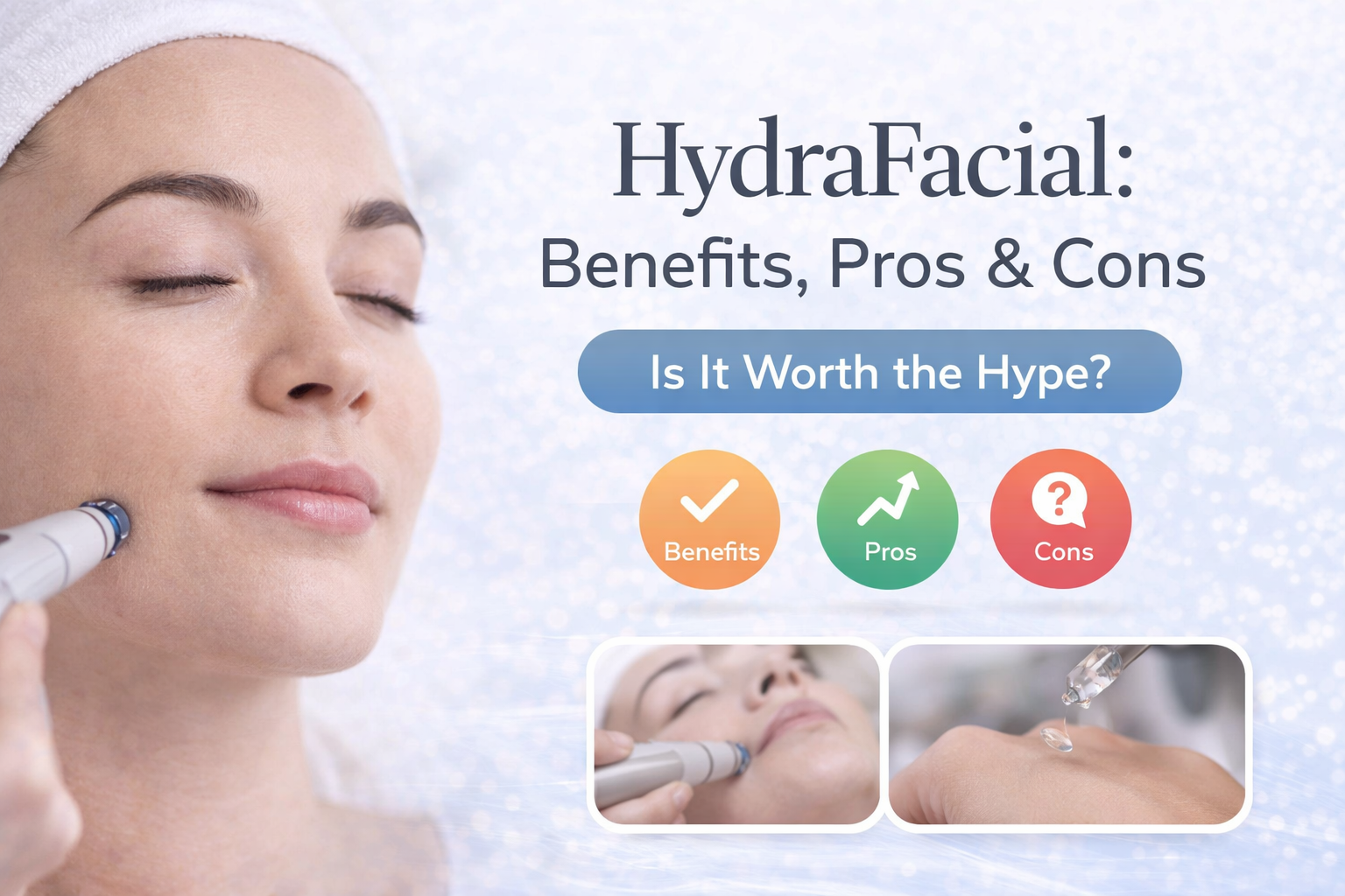 HydraFacial blog banner featuring a woman receiving a HydraFacial treatment, with the headline “HydraFacial: Benefits, Pros & Cons – Is It Worth the Hype?” displayed on a soft blue background, highlighting skincare benefits and glow-enhancing results.